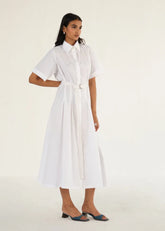 A Model Wearing White Poplin White Poplin Shirt Dress With Top Stitch, curated by Only Ethikal